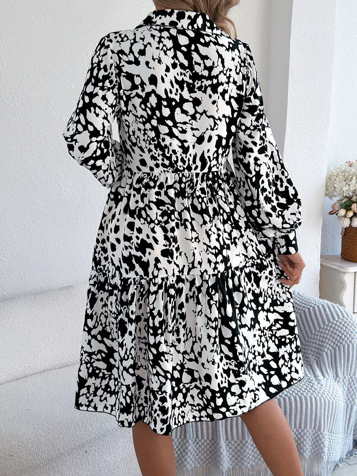 Printed Collared Neck Long Sleeve Dress (15)