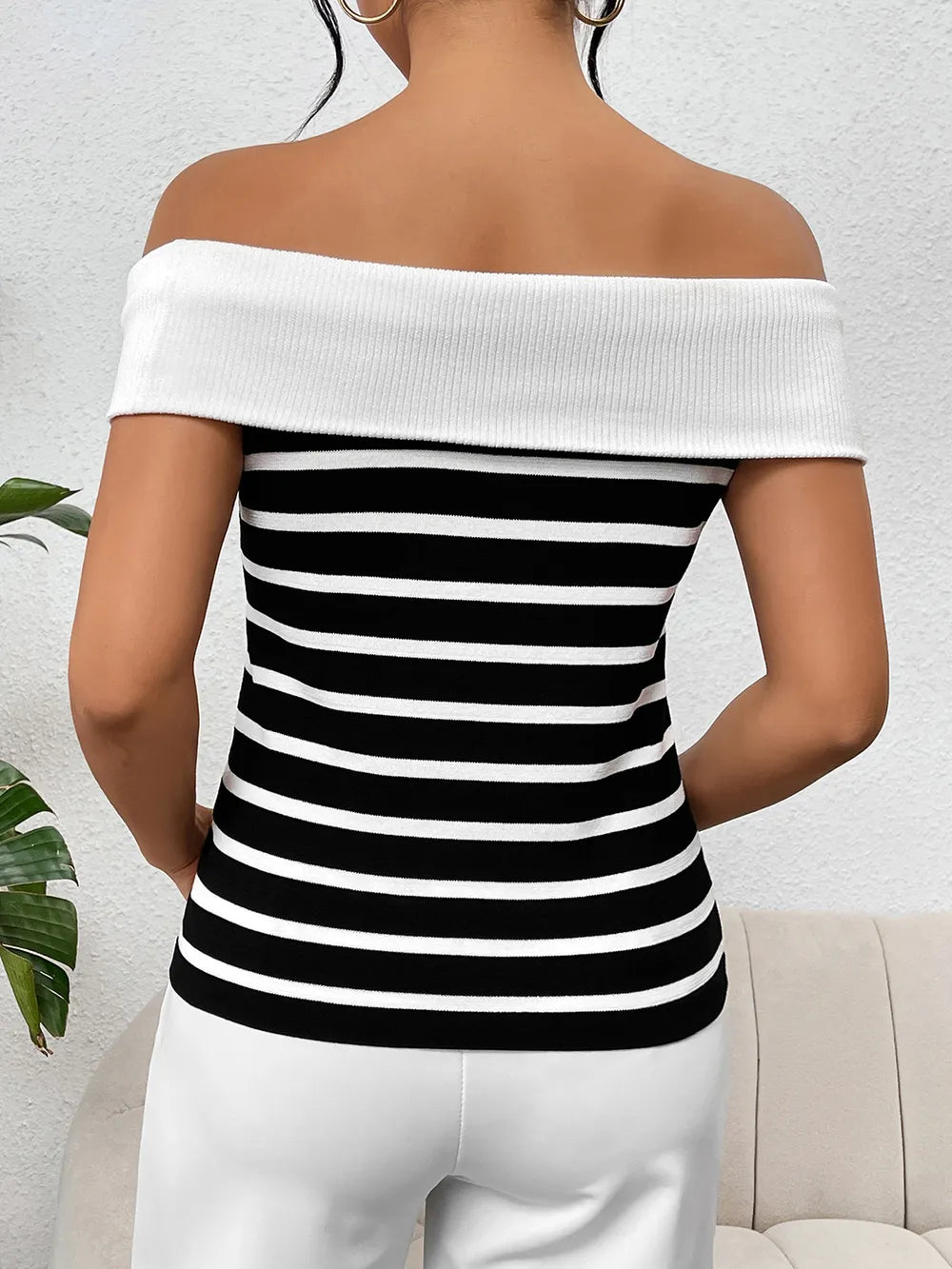 Decorative Button Striped Off-shoulder Knit Top (12)