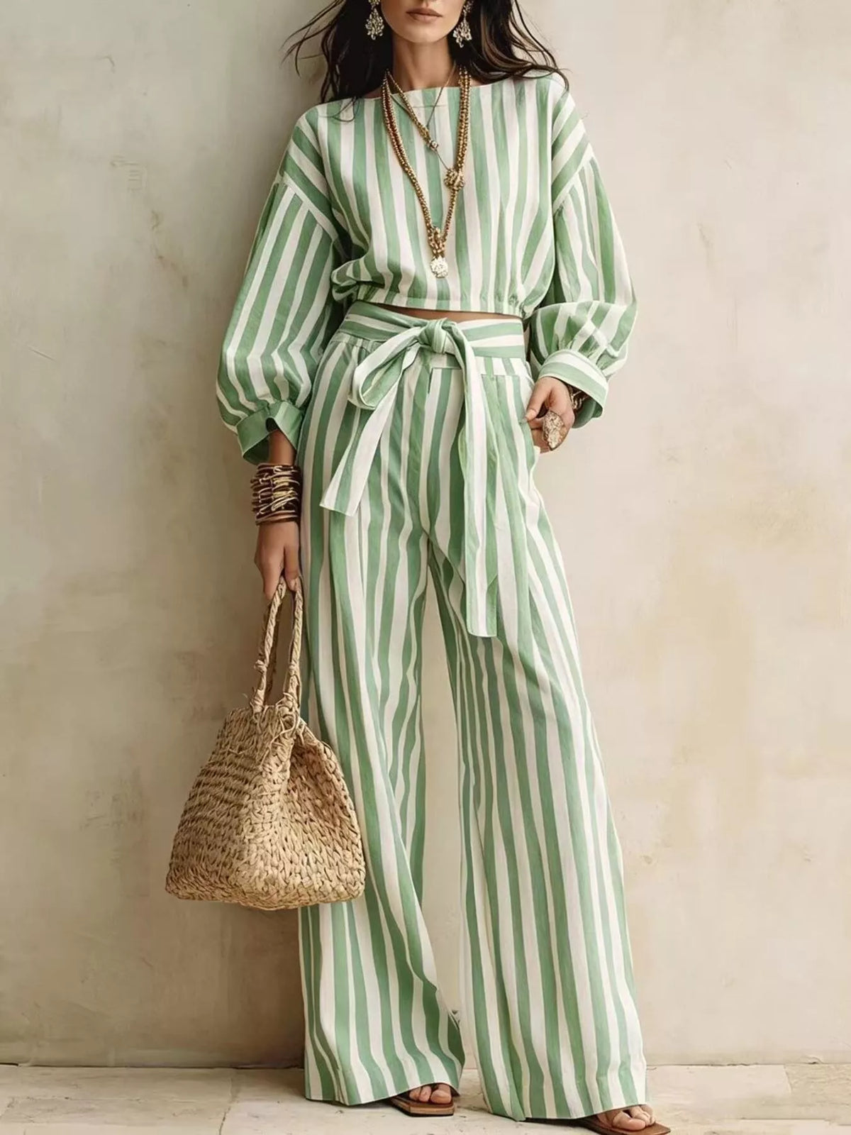 Striped Long Sleeve Top Pants Two-piece Set (6)