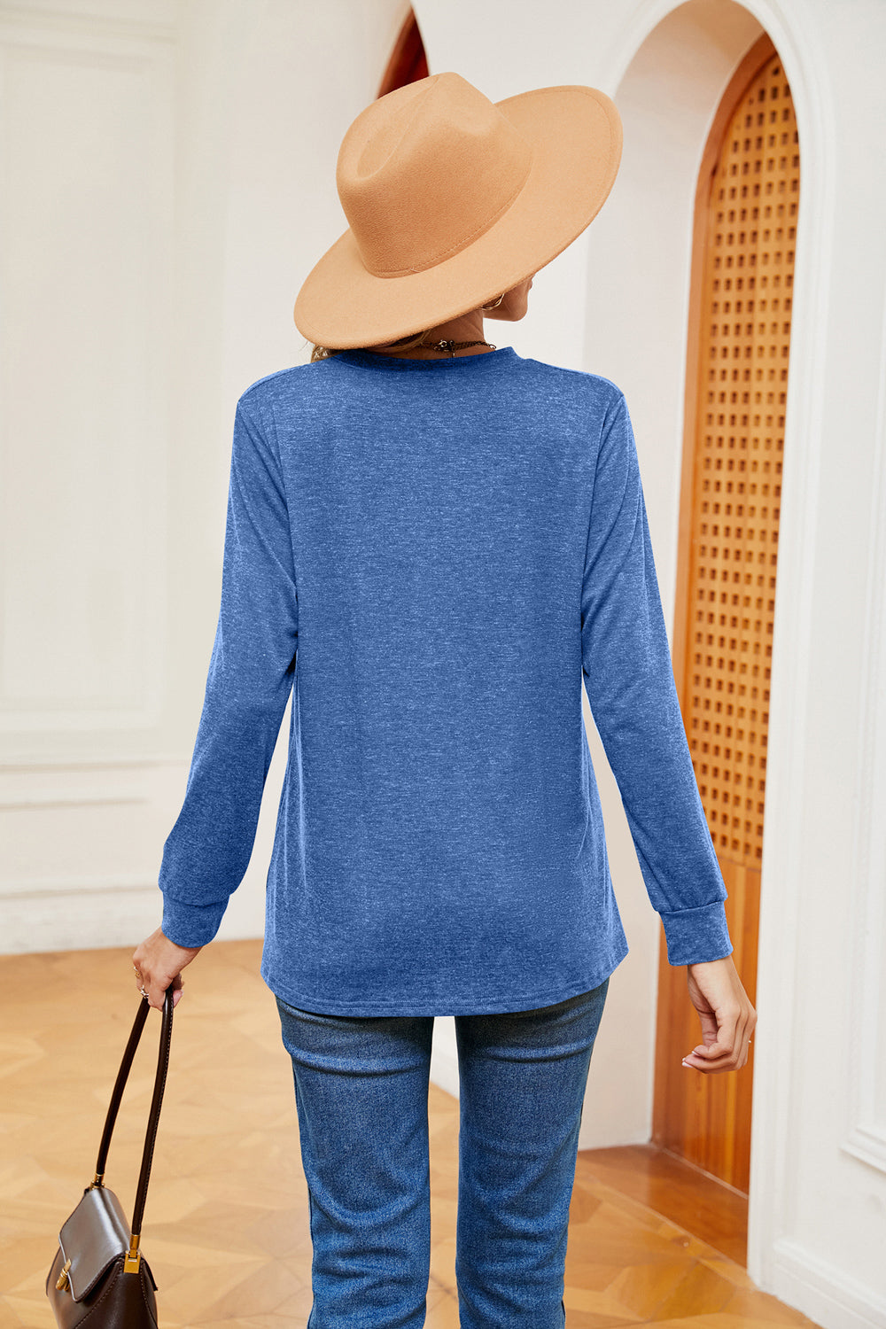 Buttoned Notched Neck Long Sleeve Top (2)