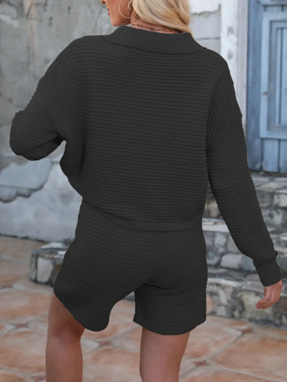Johnny Collar Long Sleeve Top Shorts Sweater Set (15)
