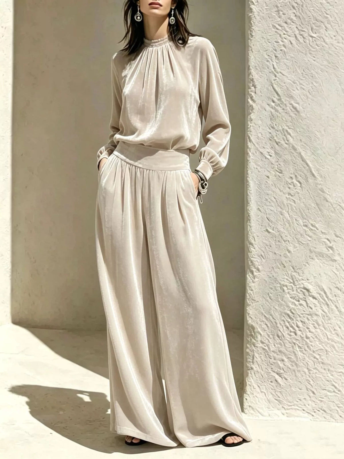 Velvet Mock Neck Long Sleeve Top Wide-leg Pants Set (4)