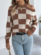 Cold Shoulder Checkered Long Sleeve Sweater (11)