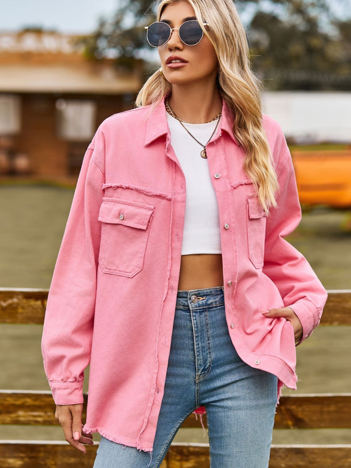 Button Up Collared Neck Raw Hem Denim Top (5)