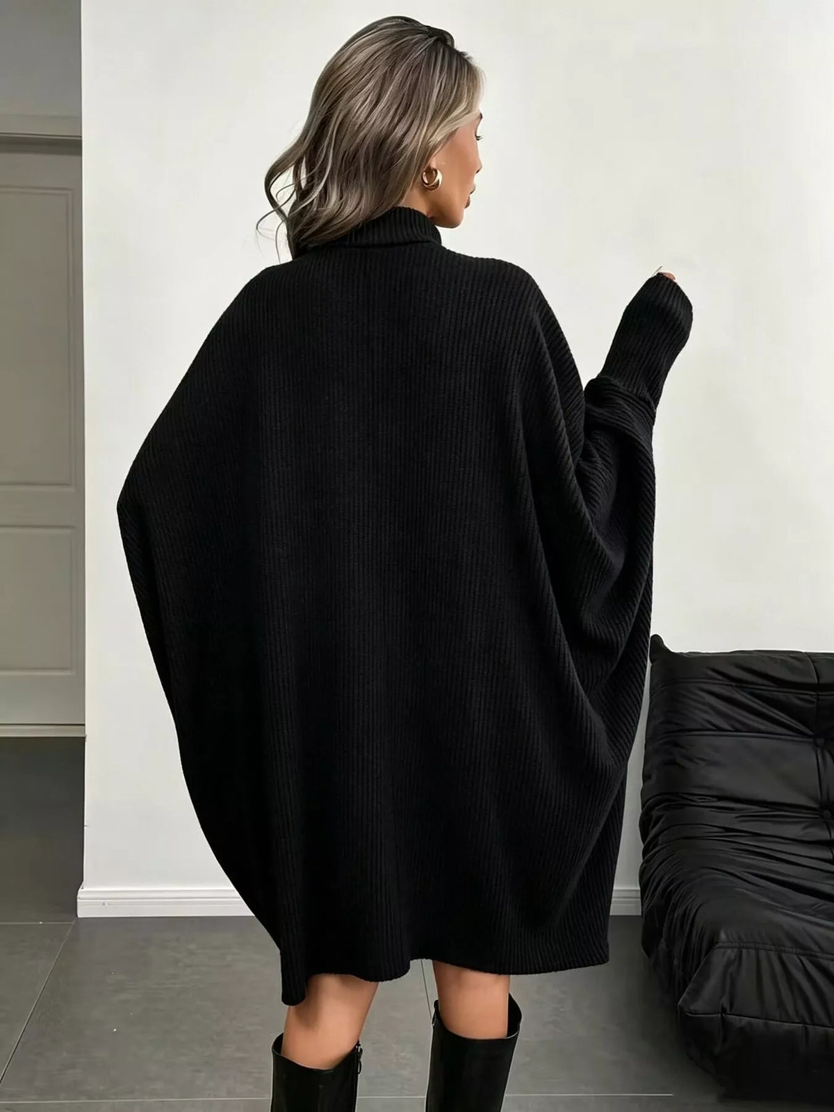 Oversized Batwing Sleeve Ribbed Knit Turtleneck Dress (8)