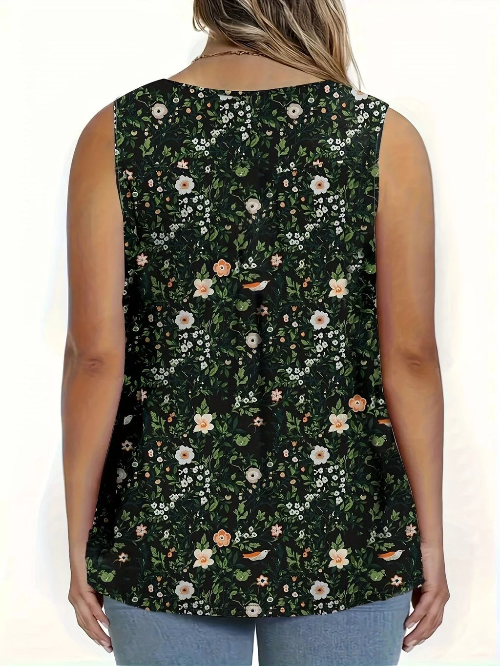 Full Size Floral Print Button Detail Tank Plus (5)