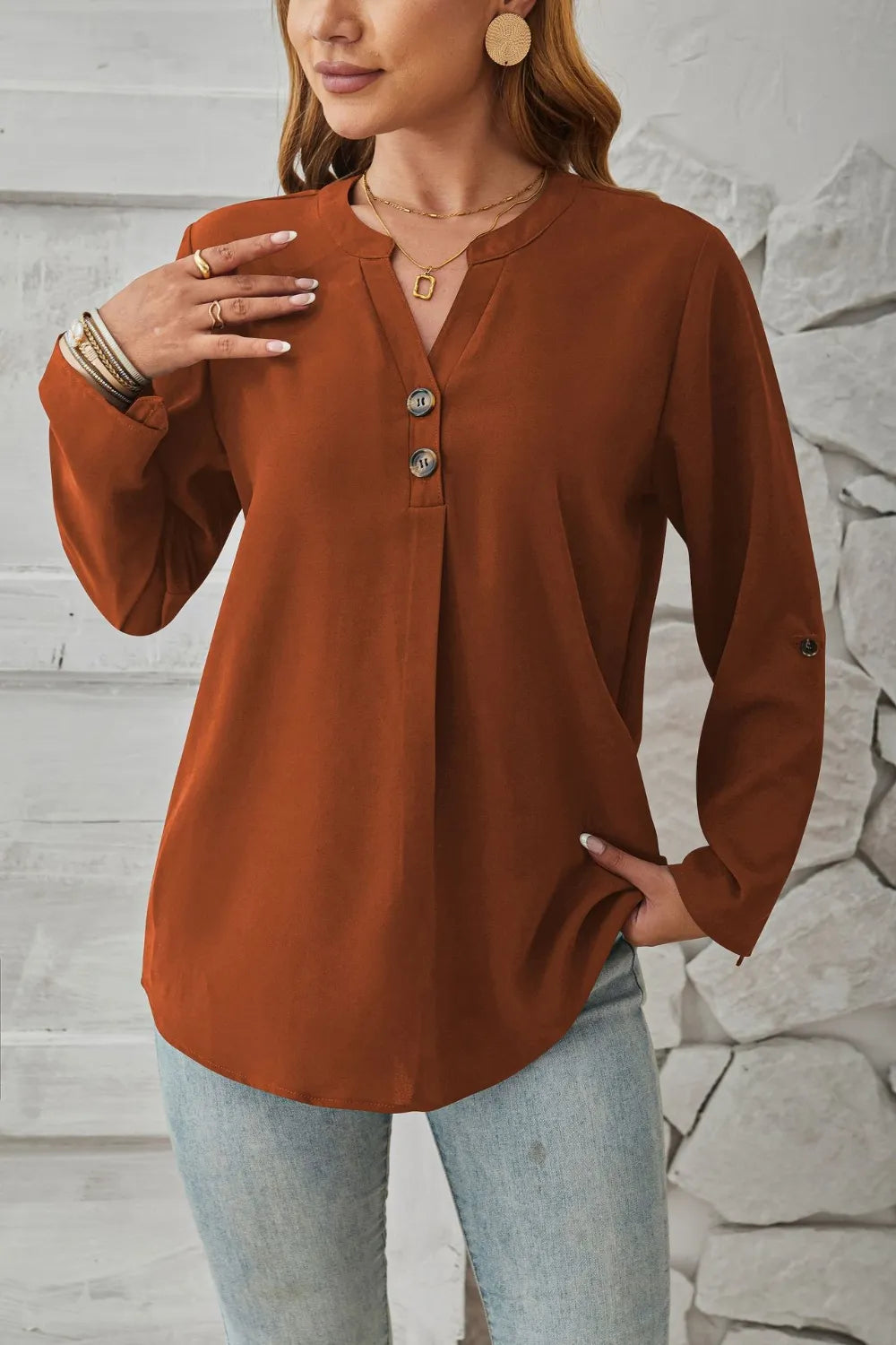 Decorative Button Notched Long Sleeve Blouse (11)