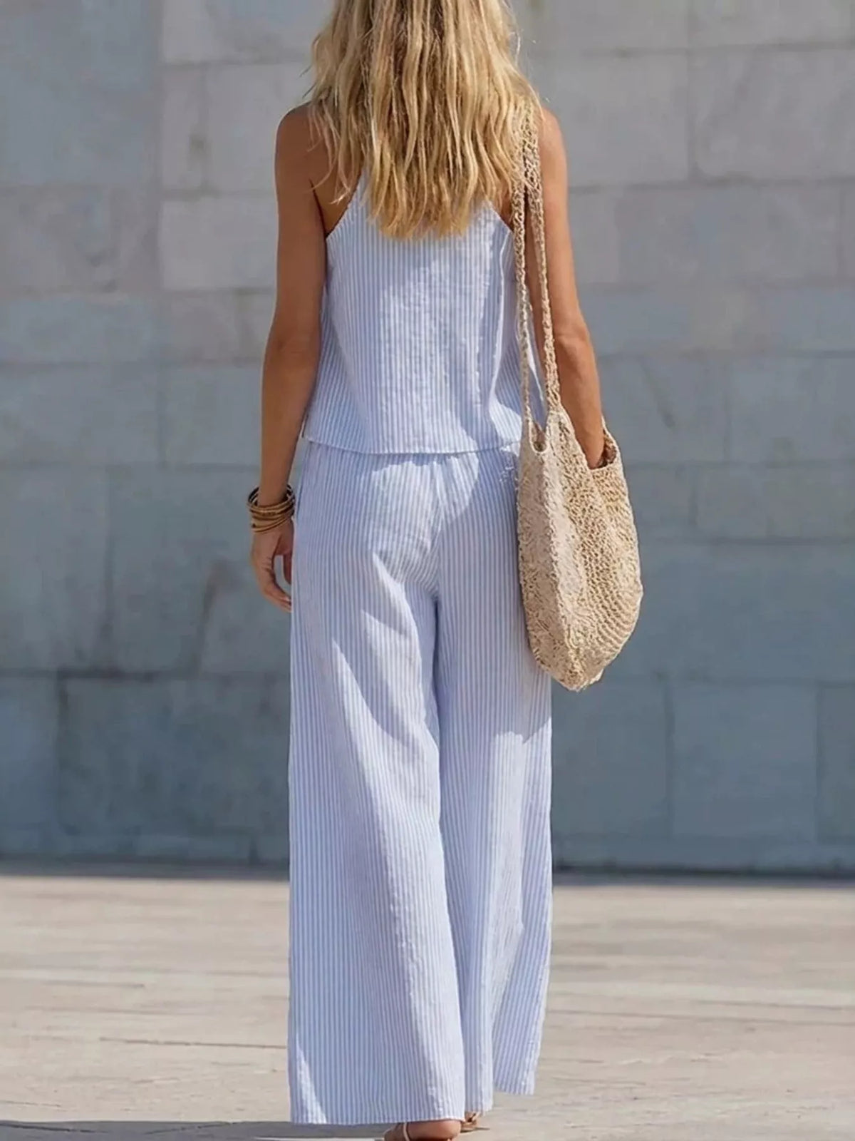 Striped V-neck Tank Wide-leg Pants Set (2)