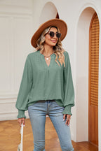 Notched Neck Flounce Sleeve Blouse (21)