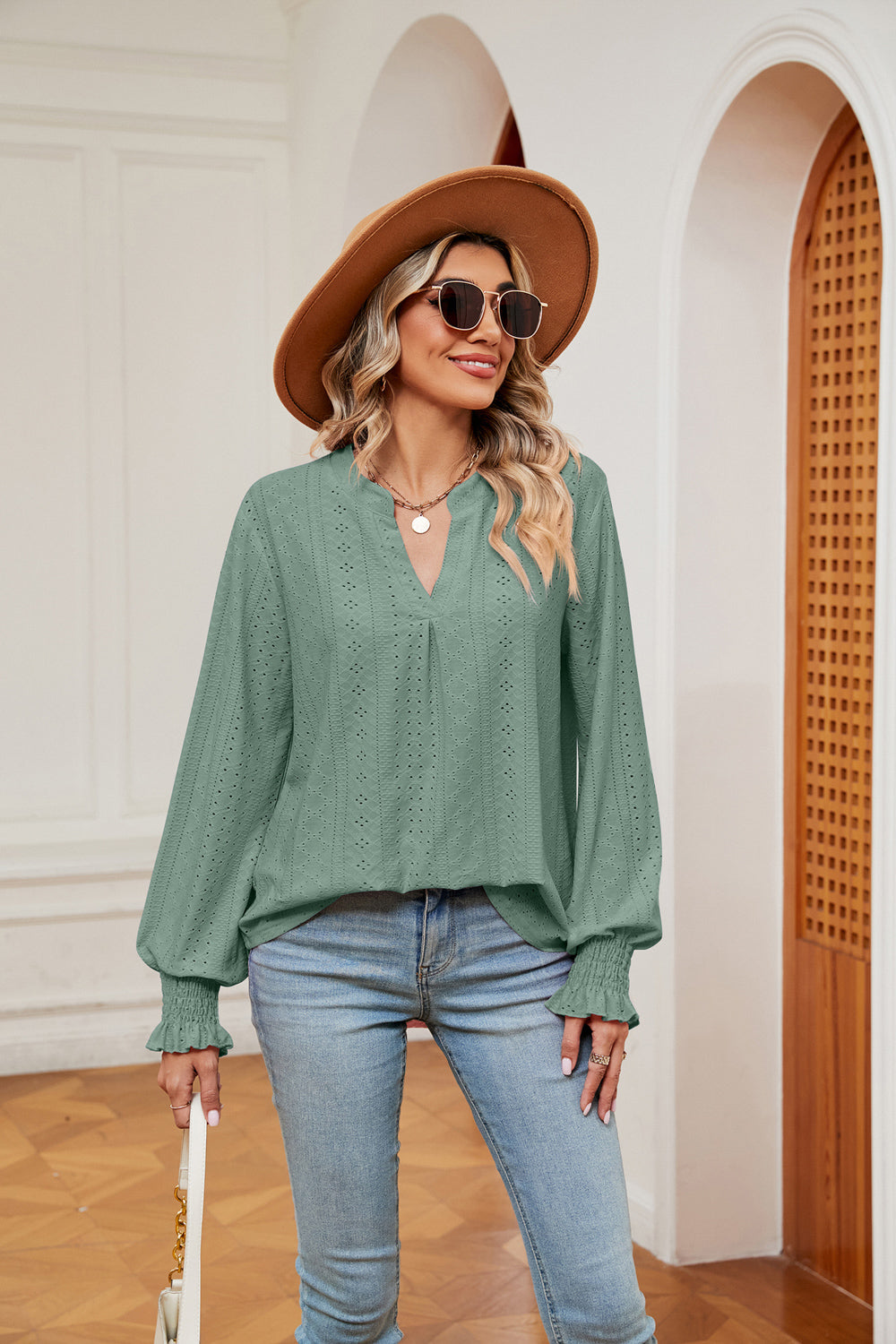 Notched Neck Flounce Sleeve Blouse (21)