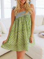 Printed Square Neck Tie Shoulder Mini Dress (10)