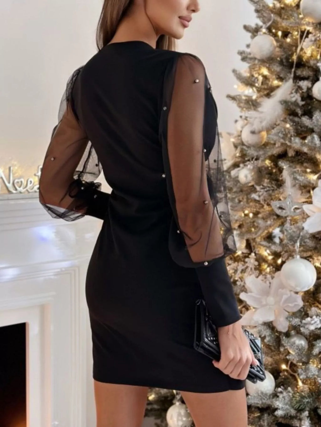 Floral Applique Mesh Sleeve Bodycon Dress (6)