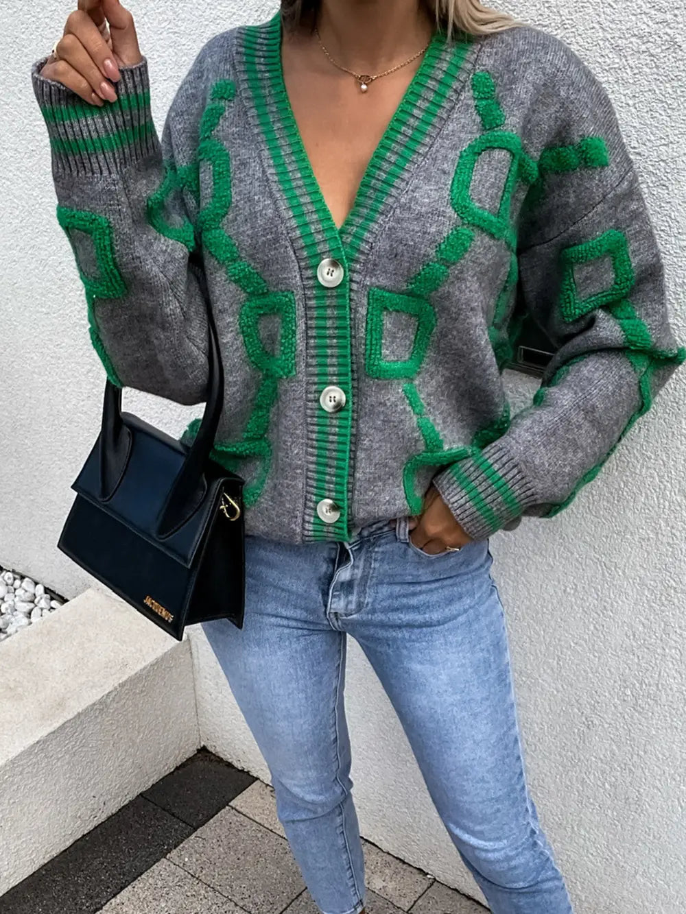 Geometric Dropped Shoulder Button Down Cardigan (9)