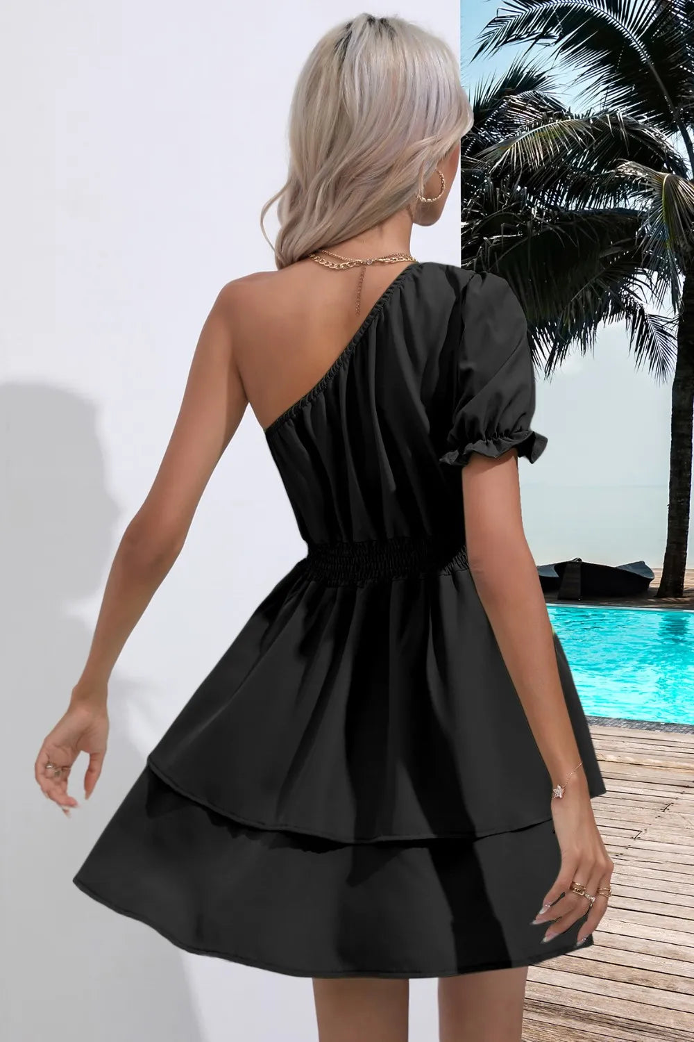 Layered Single Shoulder Flounce Sleeve Mini Dress (15)