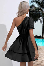 Layered Single Shoulder Flounce Sleeve Mini Dress (15)