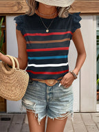 Striped Round Neck Cap Sleeve T-shirt (10)