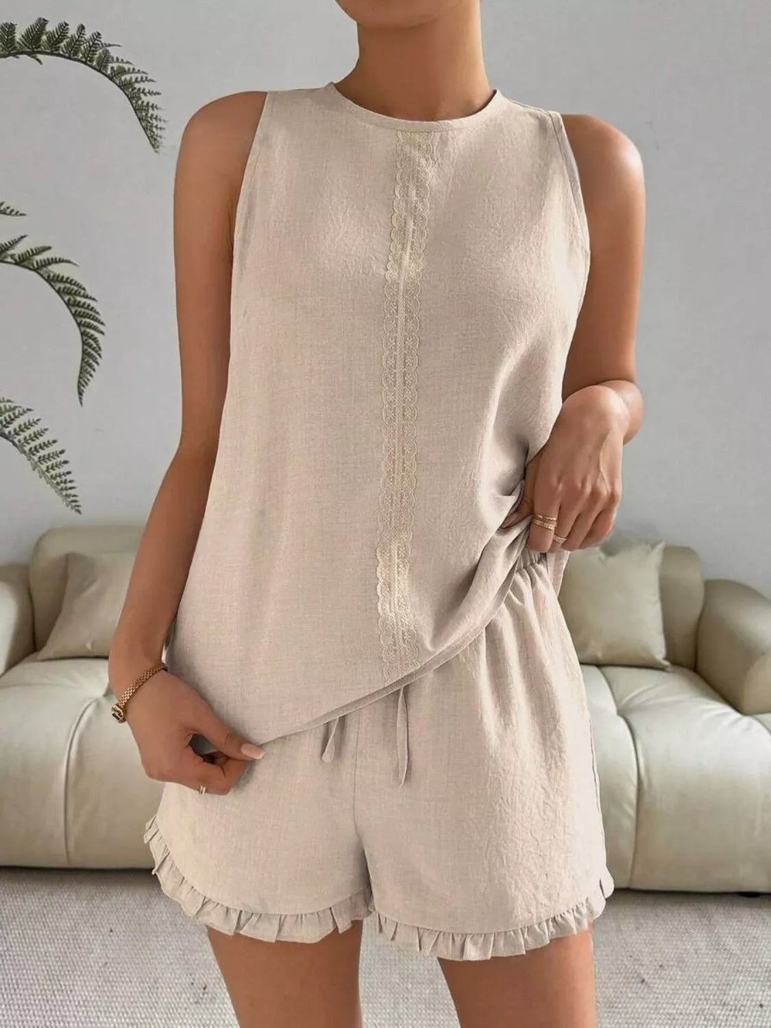 Lace Detail Round Neck Tank Shorts Set