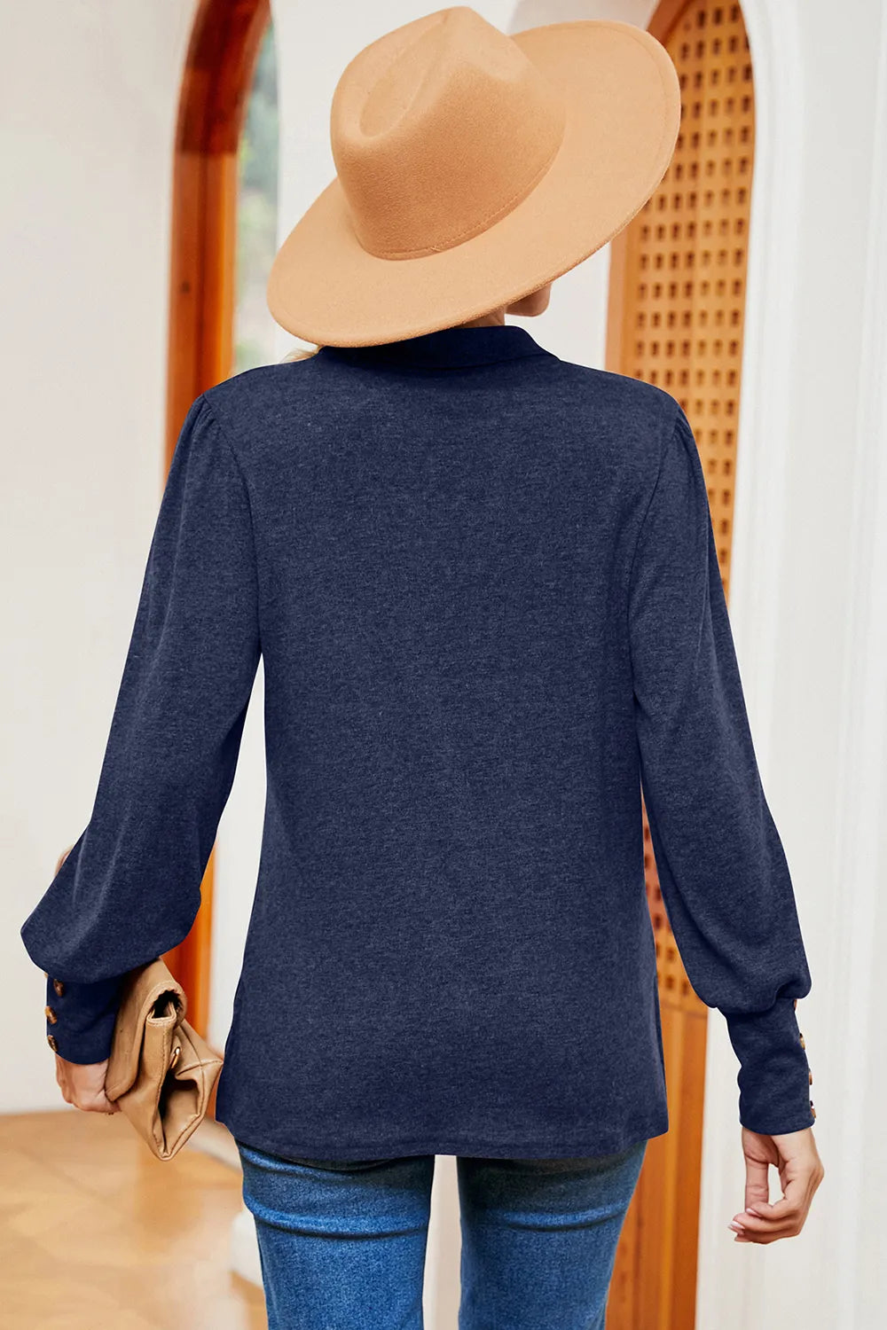 Decorative Button Johnny Collar Lantern Sleeve Blouse (2)
