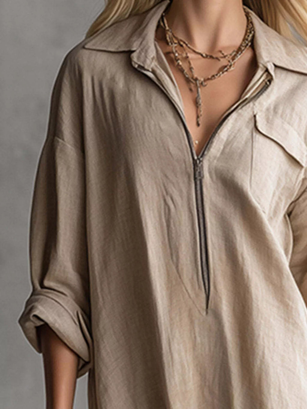 Fringe Hem Zip-up Shirt Dress (10)