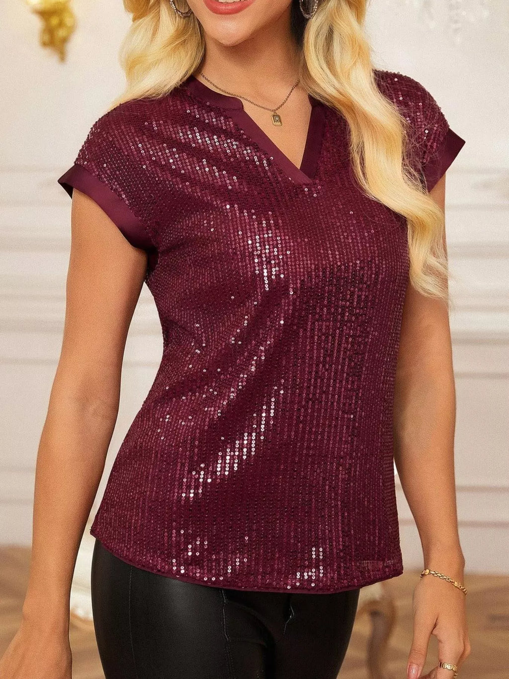Sequin Notched Cap Sleeve Blouse (20)