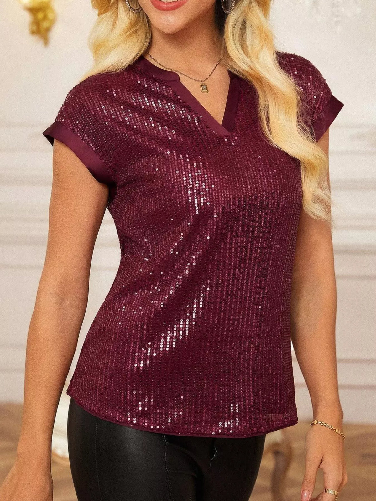 Sequin Notched Cap Sleeve Blouse (20)