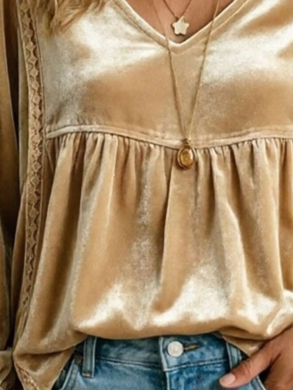 Full Size V-neck Long Sleeve Velvet Blouse Lace Trim Plus (21)
