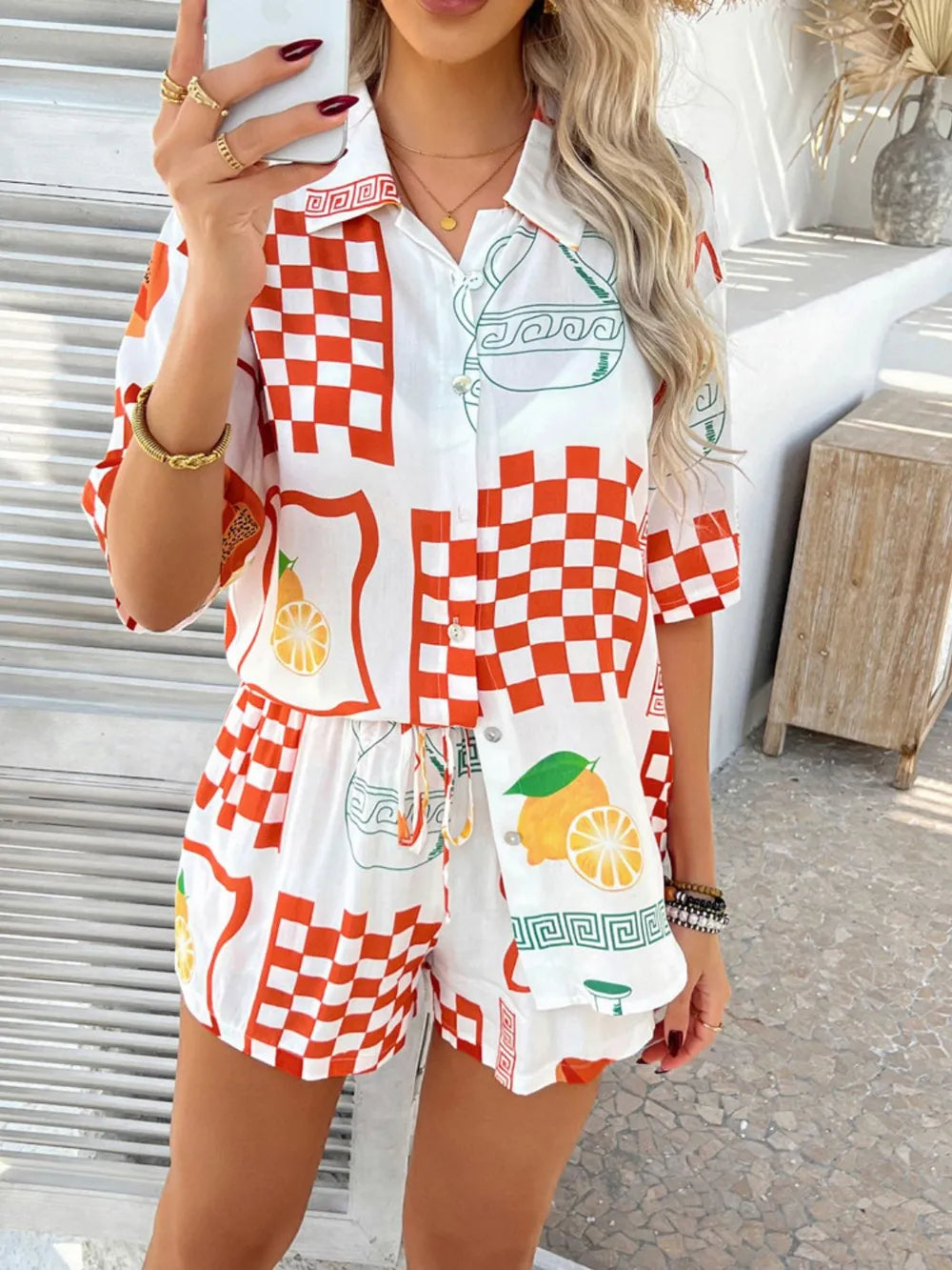 Printed Collared Neck Half Sleeve Top Shorts Set (20)