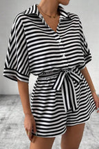 Striped Collared Neck Tie Waist Romper (9)