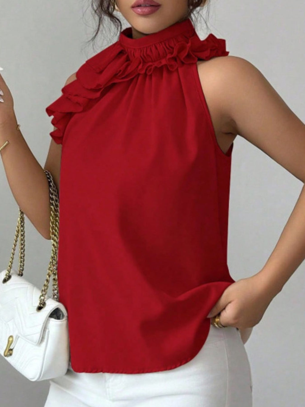 Ruffle High Neck Sleeveless Top (15)