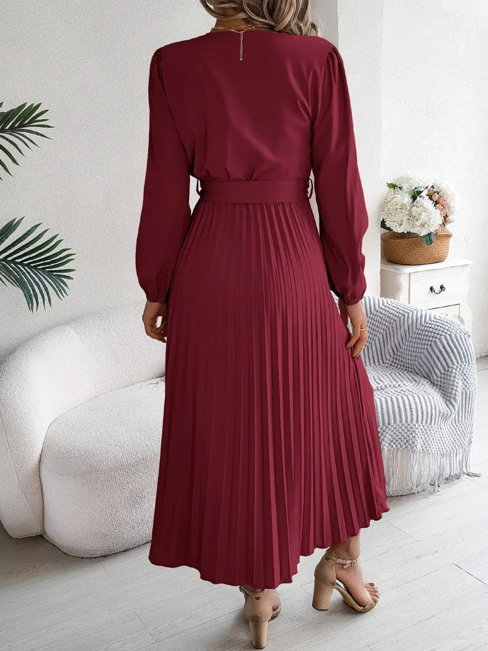 Pleated Tied V-neck Long Sleeve Dress (20)