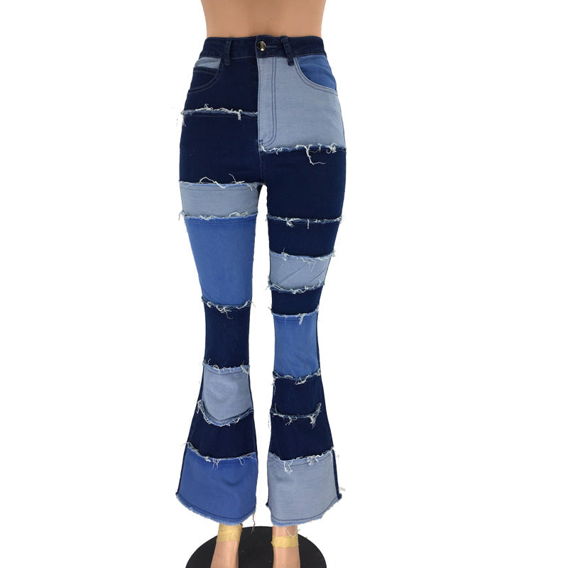 Patchwork High-rise Flared Jeans variant CJNSXZNZ01188-Photo Color-3XL|CJNSXZNZ01188-Photo Color-XXL|CJNSXZNZ01188-Photo Color-M|CJNSXZNZ01188-Photo Color-L|CJNSXZNZ01188-Photo Color-XL|CJNSXZNZ01188-Photo Color-S