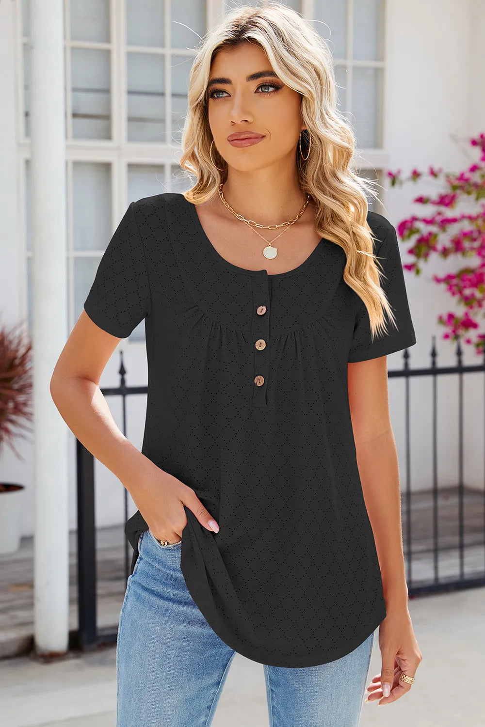 Eyelet Quarter Button Short Sleeve T-shirt (15)
