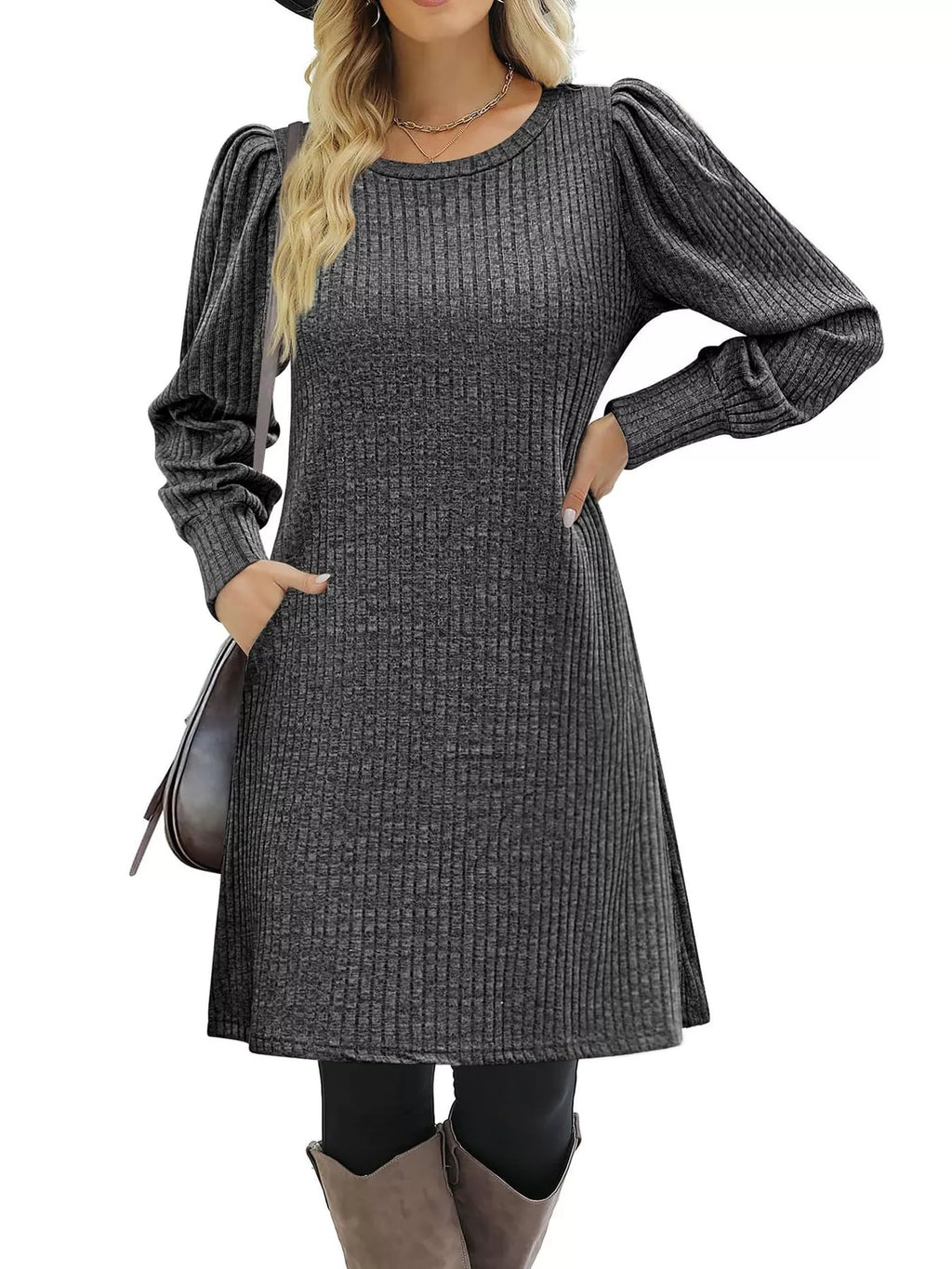 Puff Sleeve Ribbed Knit Dress Pockets (3)