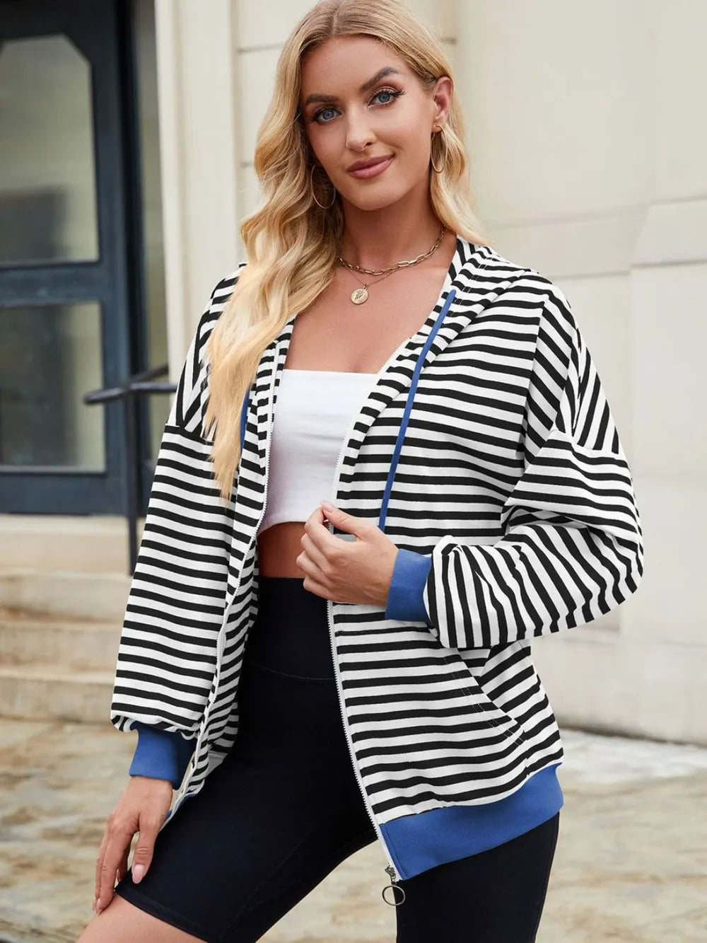Drawstring Striped Zip Up Long Sleeve Hoodie (8)