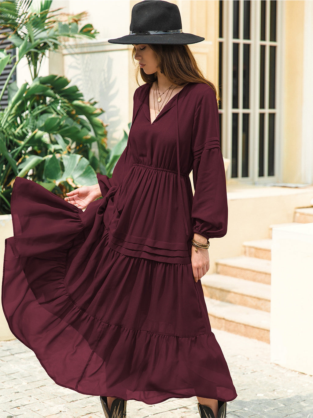 Tie Neck Long Sleeve Midi Tiered Dress (21)