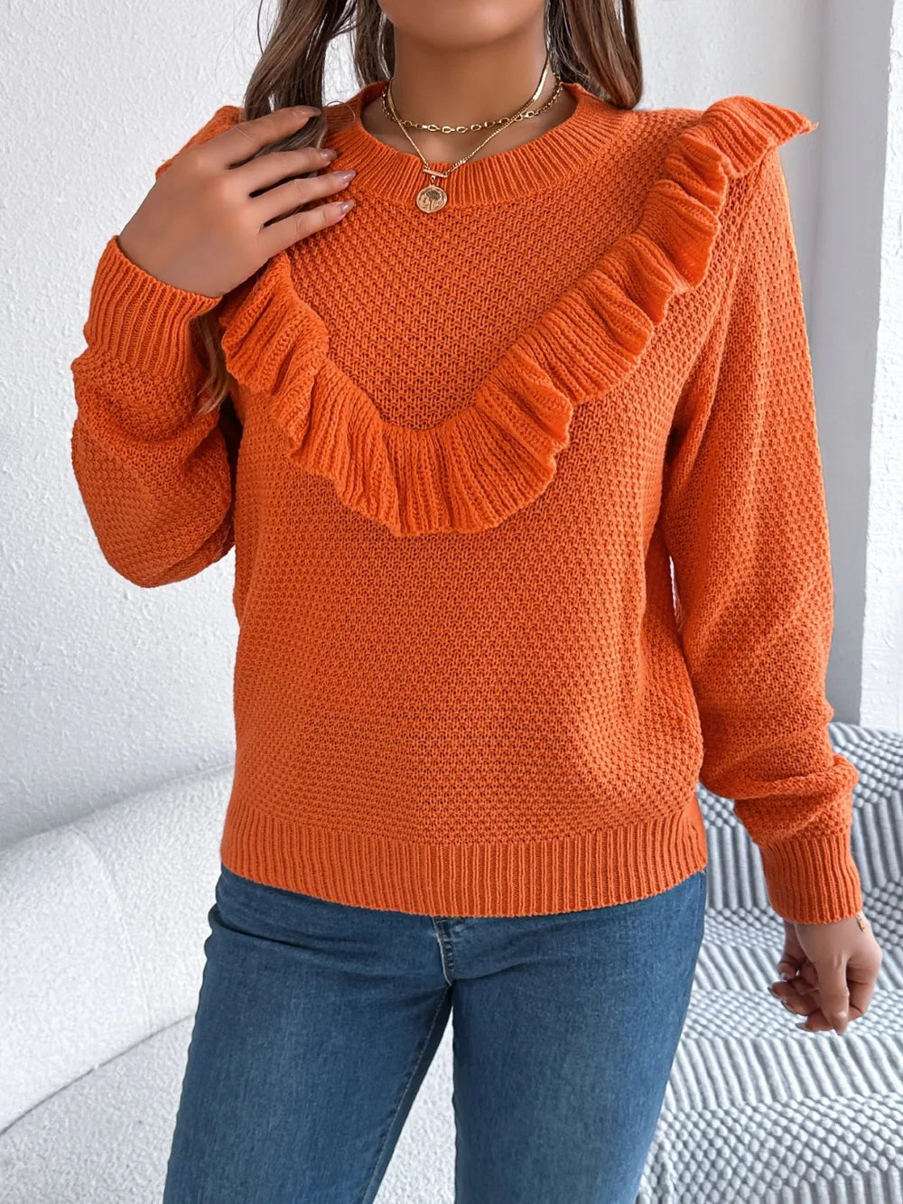 Ruffled Round Neck Long Sleeve Sweater (15)