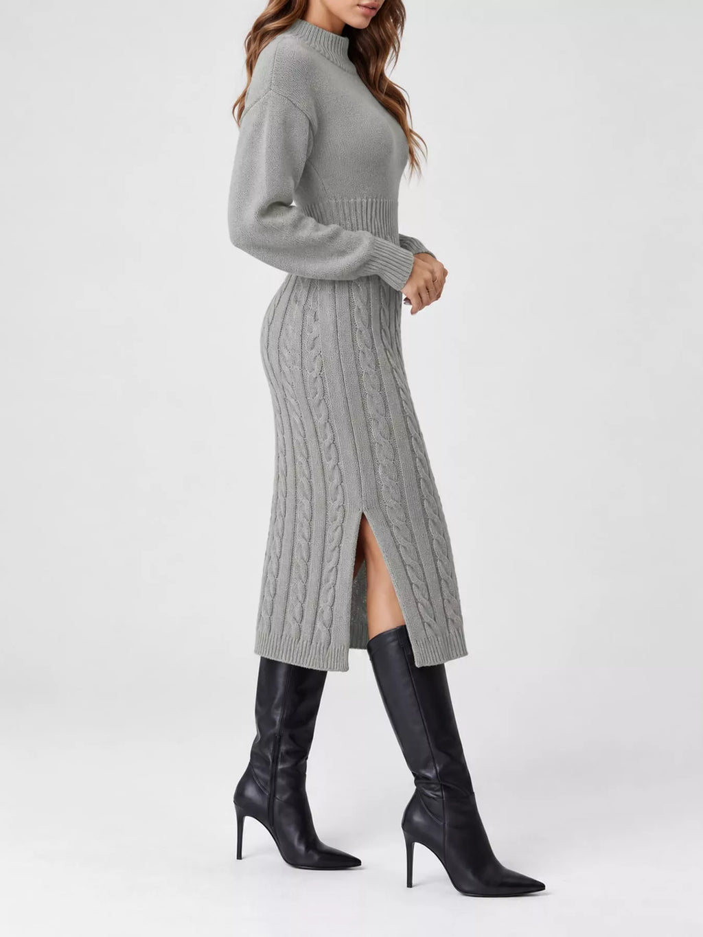Full Size Mock Neck Cable Knit Sweater Dress Front Slit Plus (35)