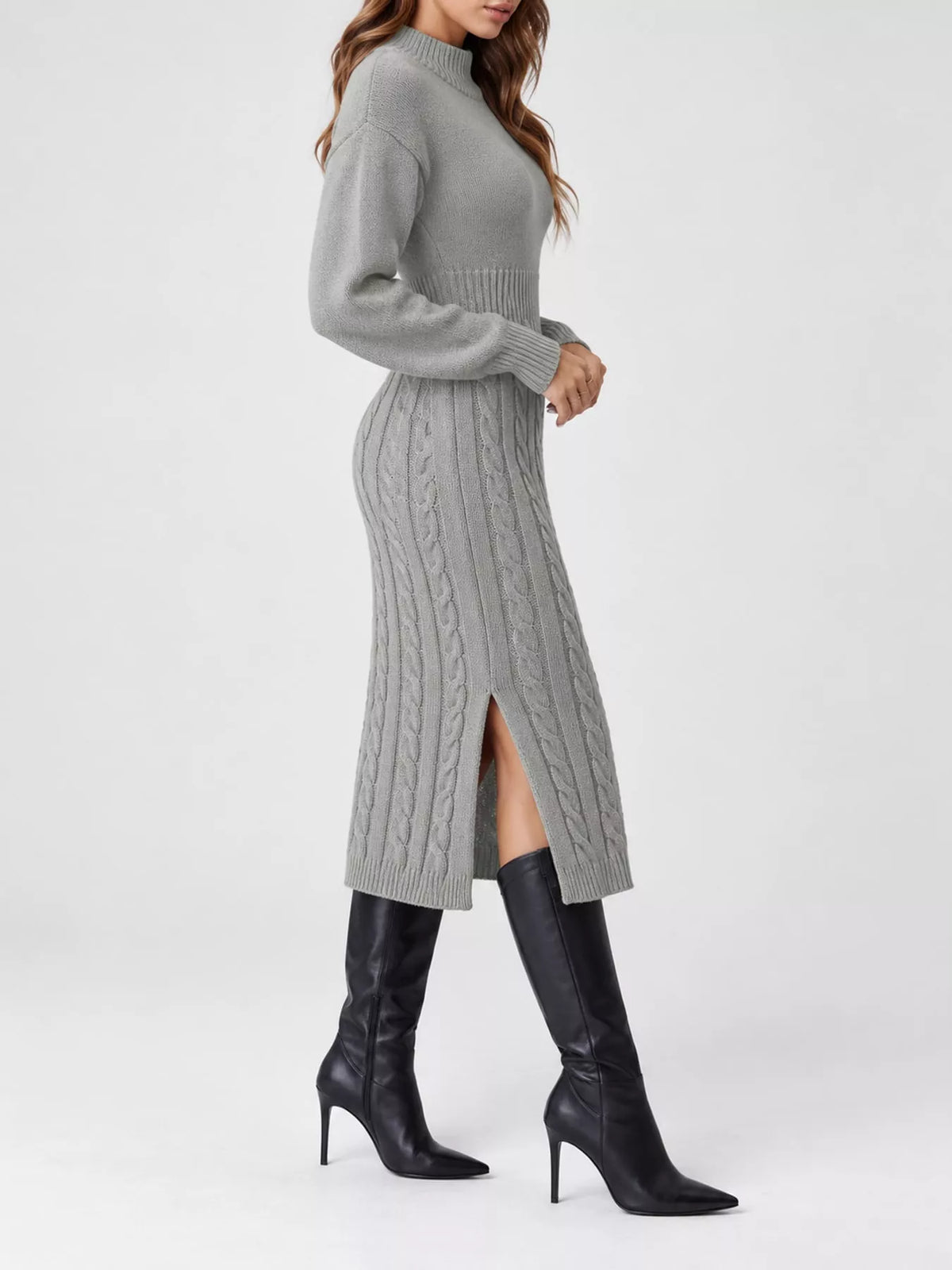 Full Size Mock Neck Cable Knit Sweater Dress Front Slit Plus (35)