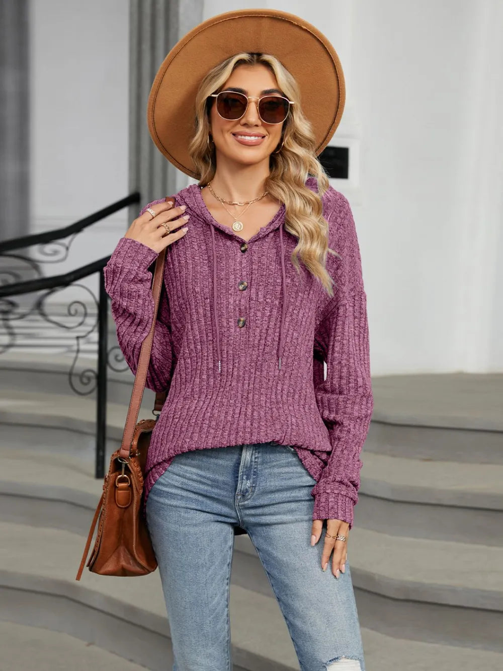 Half Button Long Sleeve Hooded Top (5)