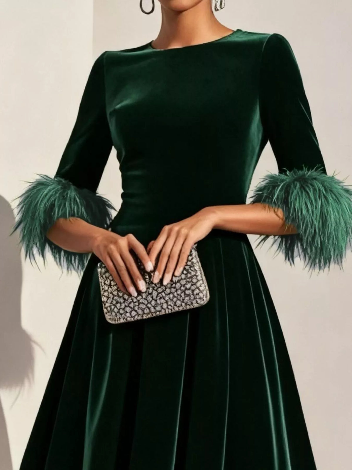 Velvet Midi Dress Feather Cuffs (6)
