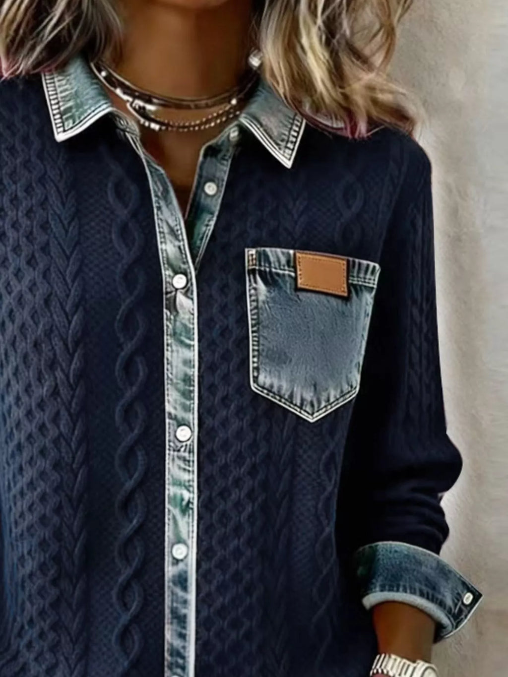 Denim Trim Cable Knit Cardigan (2)