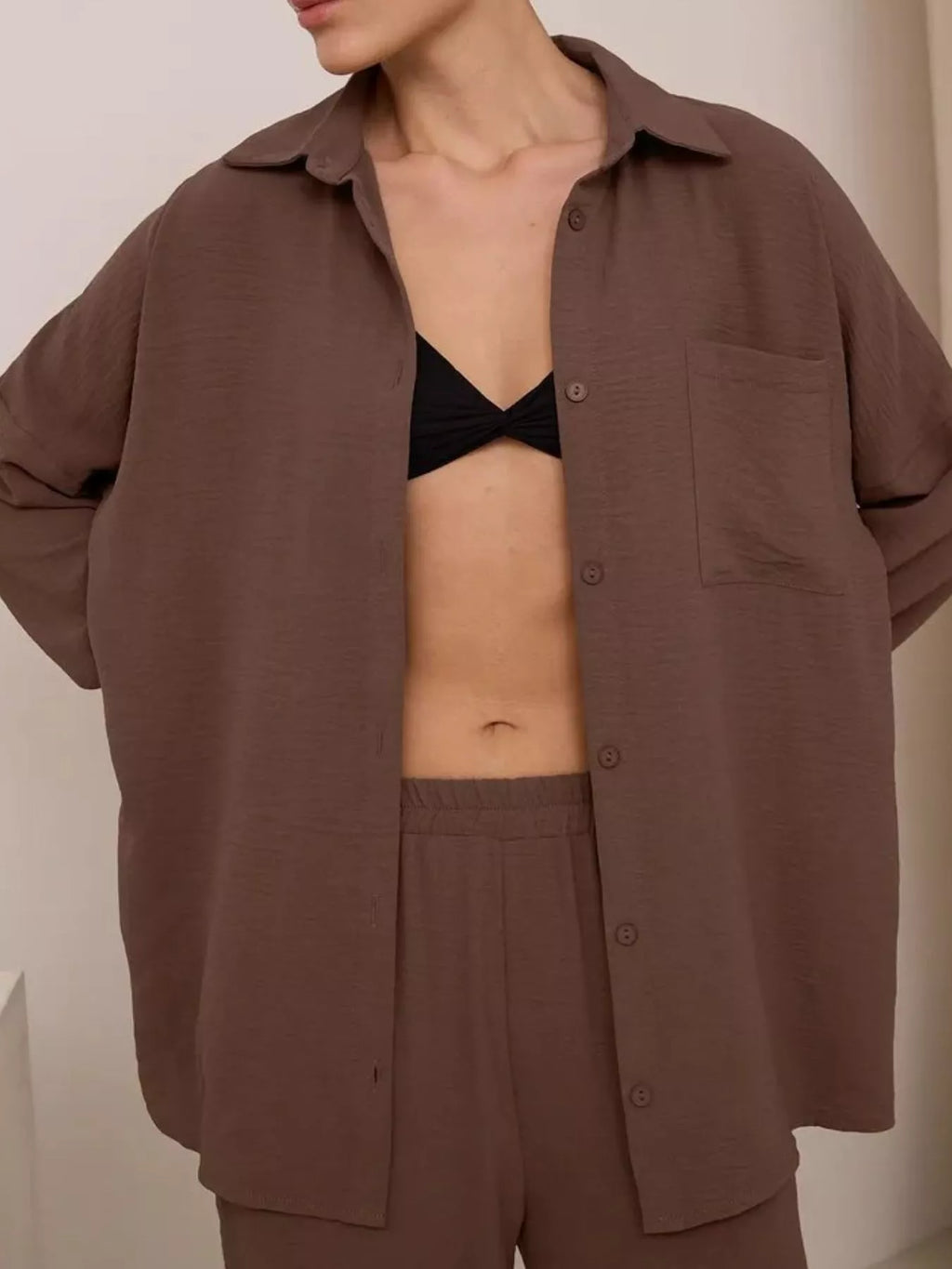 Relaxed Fit Shirt Wide Leg Pants Set (31)