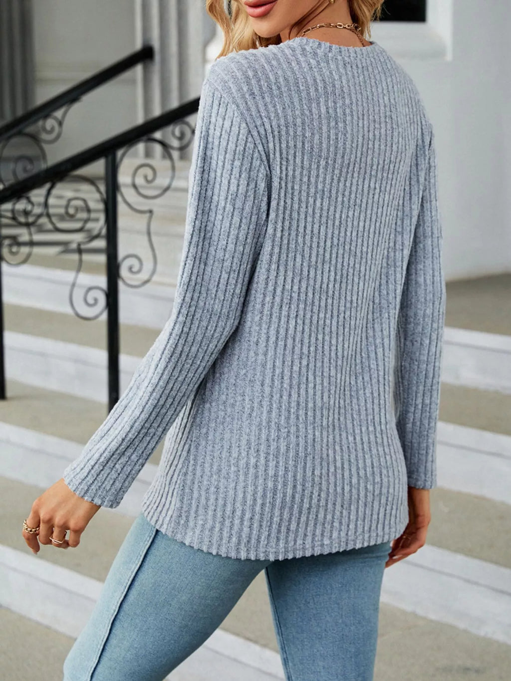 Ribbed Knit Decor Button T-shirt (4)