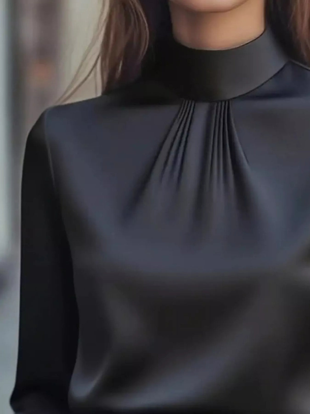 Mock Neck Long Sleeve Blouse Pleated Detail (2)