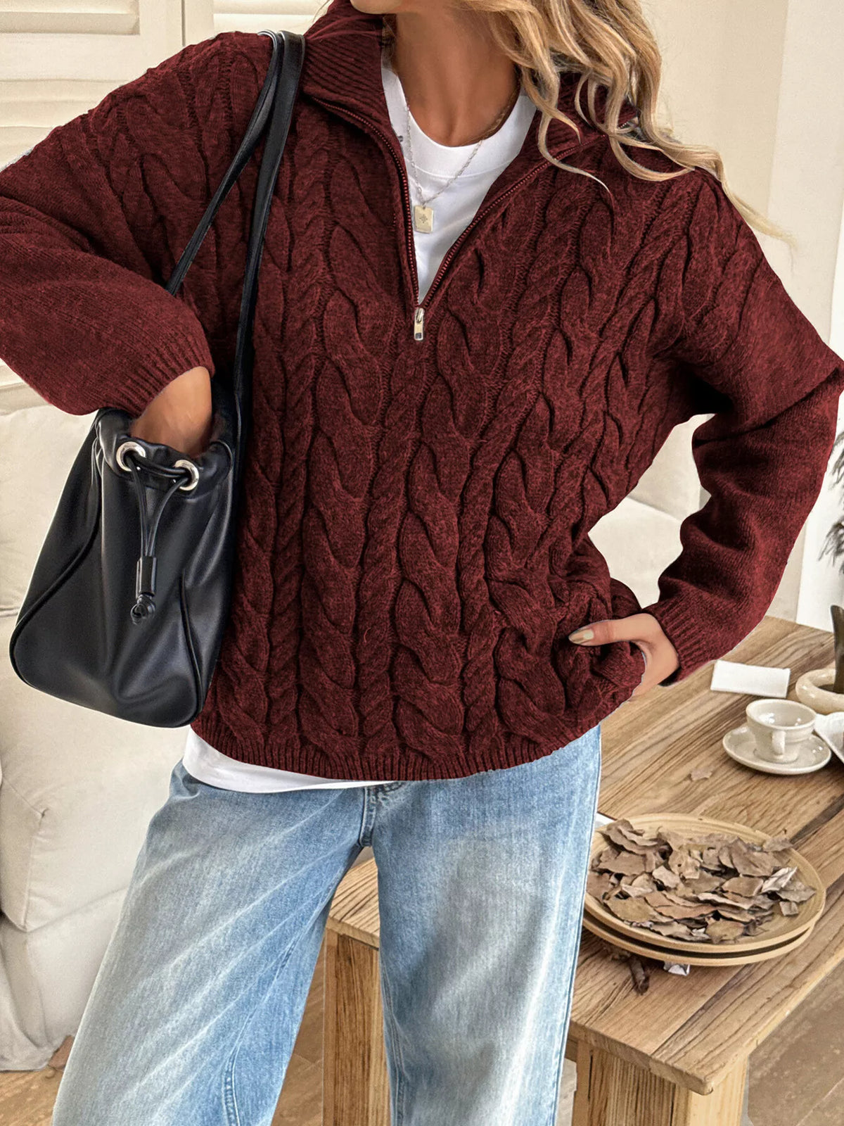 Zip Collar Cable-knit Sweater (6)