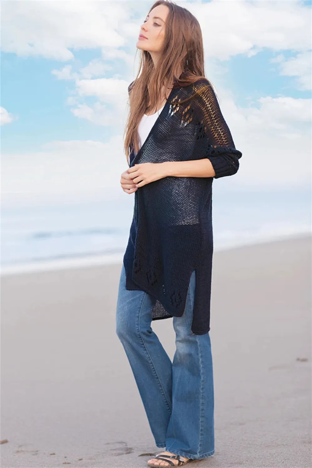 Openwork Side Slit Open Front Long Sleeve Cardigan (17)