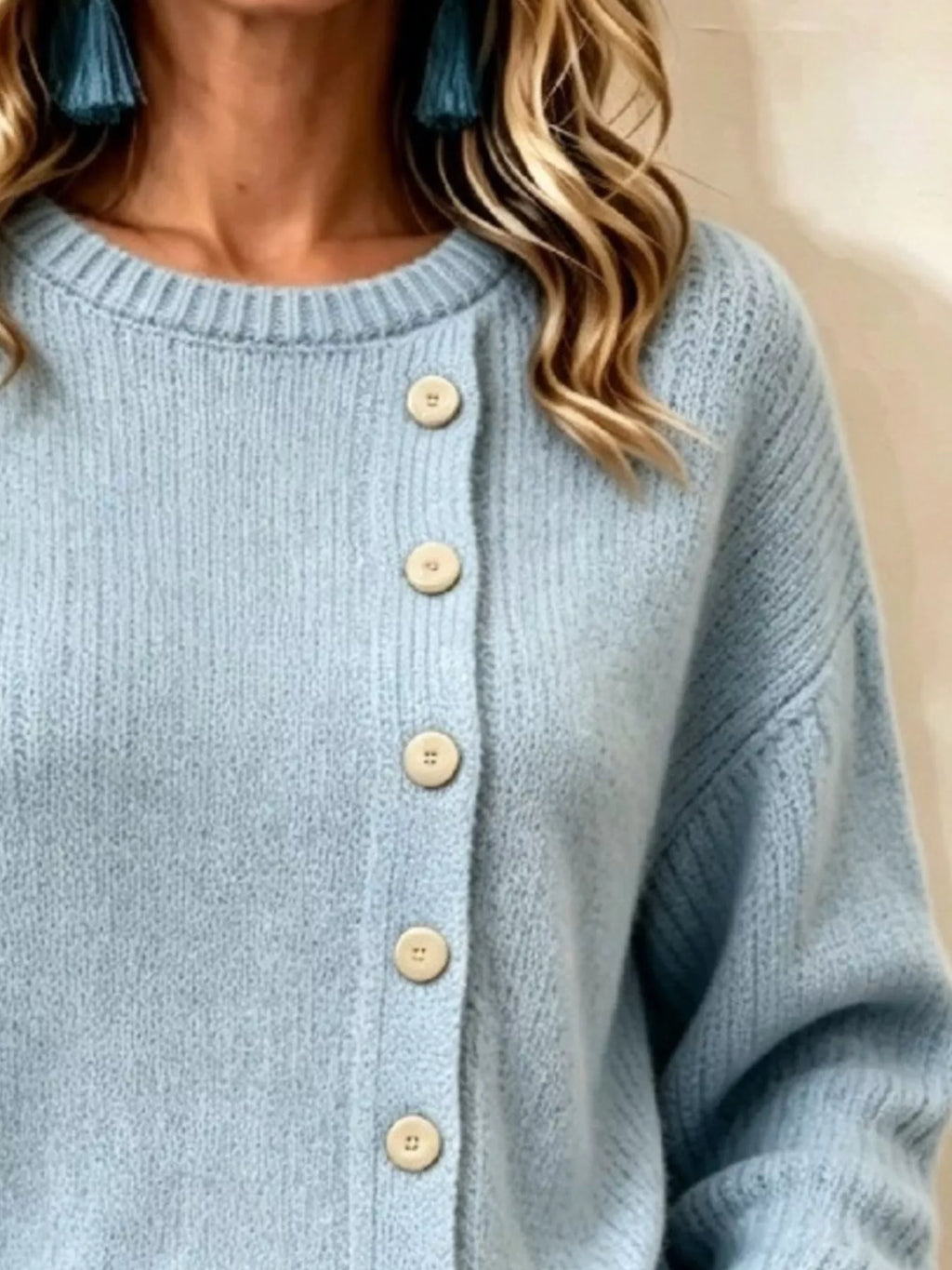 Decorative Button Round Neck Sweater (2)