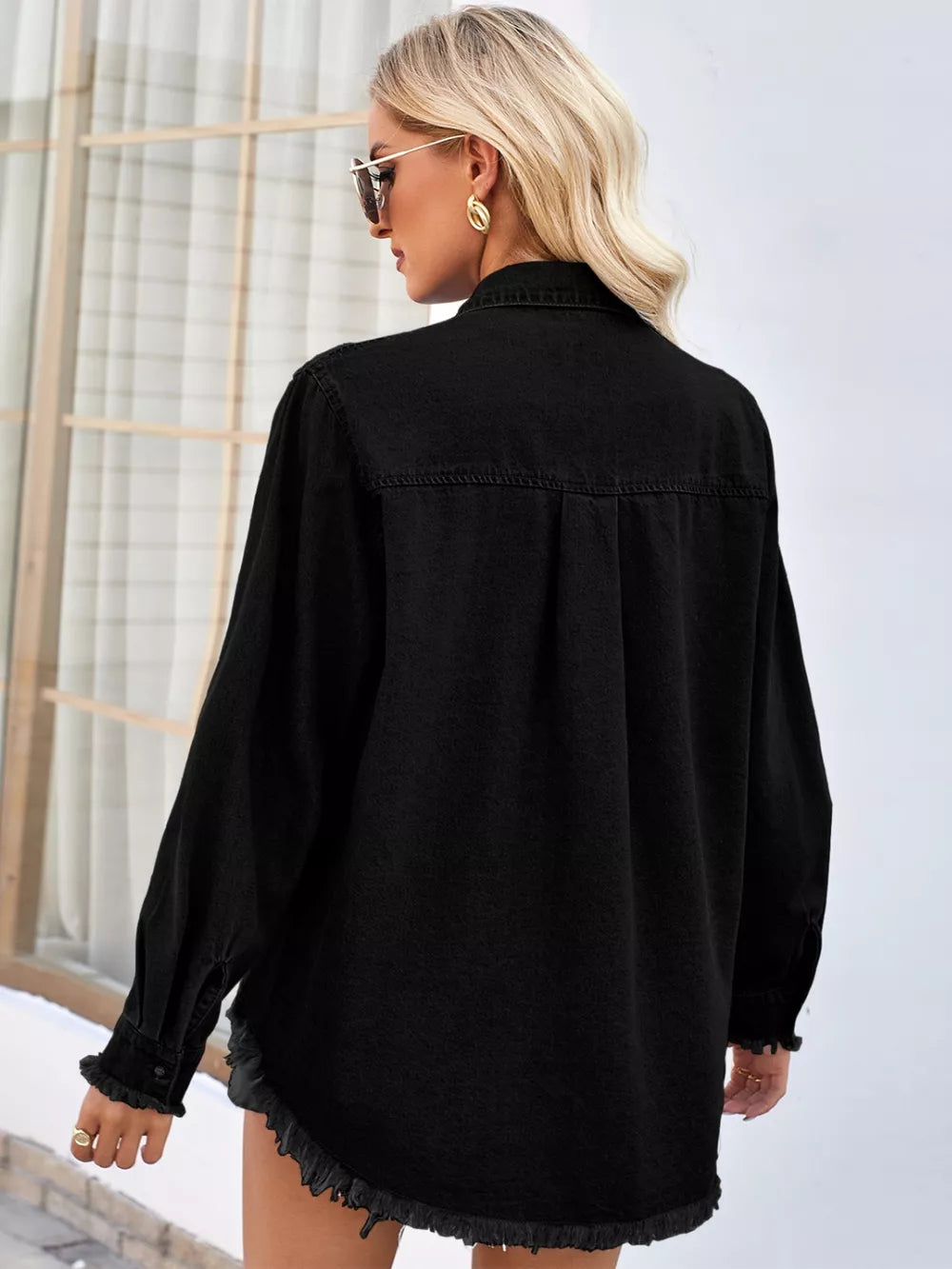 Raw Hem Button Up Long Sleeve Denim Jacket Sequin Pockets (4)