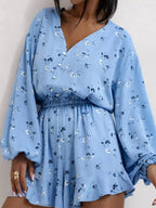 Floral V-neck Long Sleeve Romper Elastic Waist