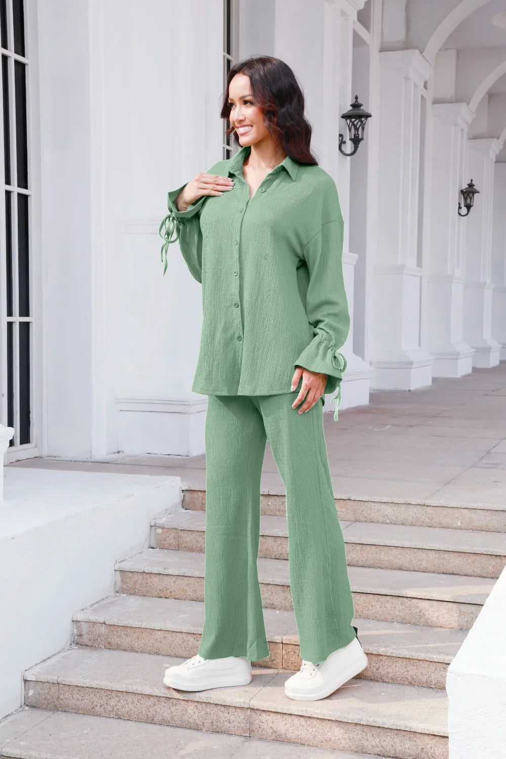 Drawstring Flounce Sleeve Shirt Pants Set (20)